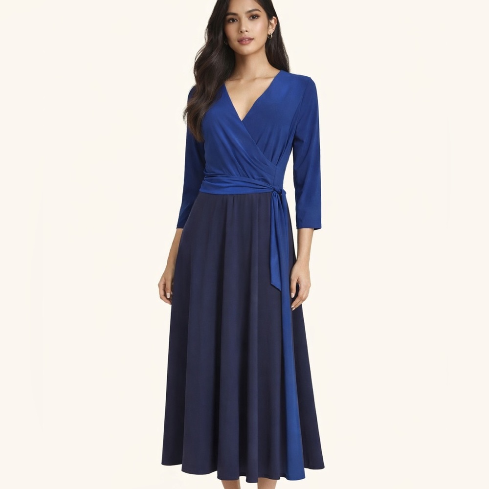 LAUREN RALPH LAUREN Dress Cocktail Wrap V Neck Blue & Black Midi Womens SZ 2